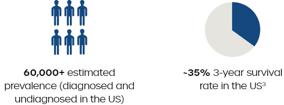 Infographic showing the estimated prevalence of a condition (diagnosed and undiagnosed) is over 60,000 people in the US with an approximately 35% 3-year survival rate.